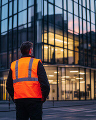Security guard in high-visibility vest outside modern office building.