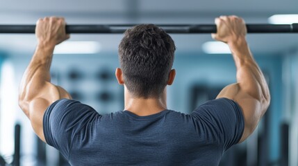 Intense gym workout man performing pull-ups in modern fitness center focused on strength and determination