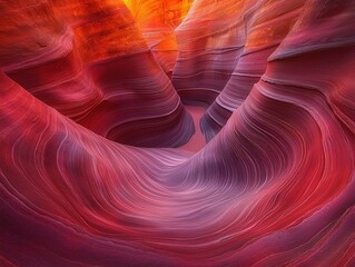 Obraz premium Wind-carved wave-like rock formations in a remote canyon, deep red and orange hues, fluid patterns etched by nature, illuminated by golden hour sunlight