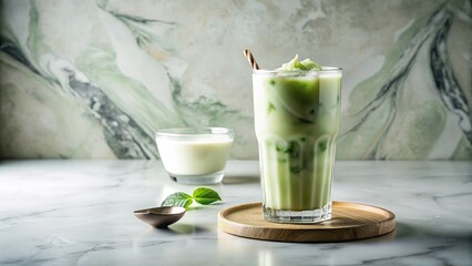 Refreshing Iced Green Tea Latte with Milk and Ice on Marble