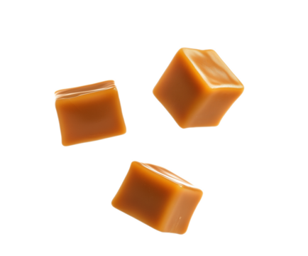 Caramel cubes flying in air isolated on white background. Set of delicious caramel candies floating isolated on white background. caramel cubes. 