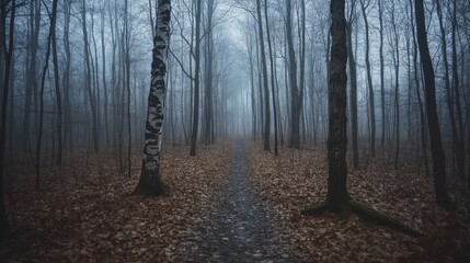 Obraz premium Misty forest path, autumn leaves