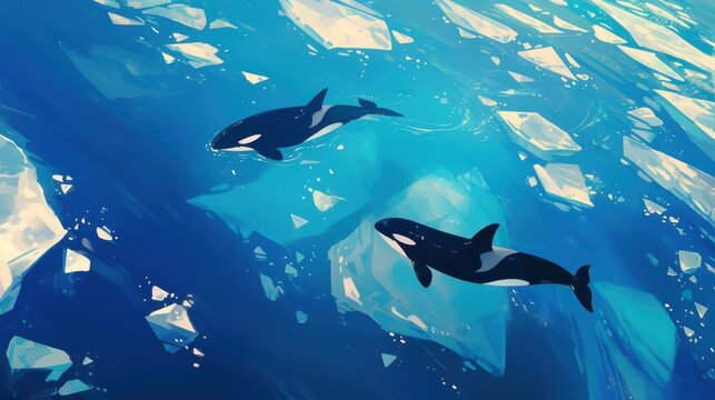 A pair of orcas swimming through glacial waters.