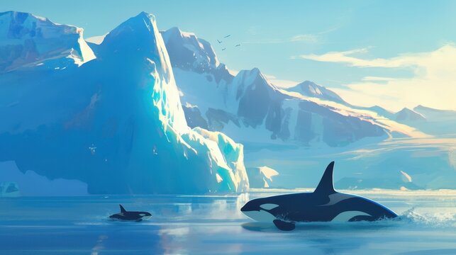A pair of orcas swimming through glacial waters. - Powered by Adobe
