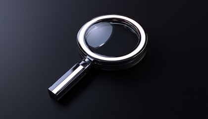 A sleek magnifying glass with a shiny frame on a dark background.