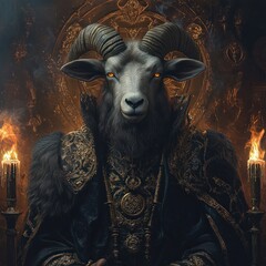 Anthropomorphic Goat Figure in Ornate Medieval Robes Illuminated by Candlelight