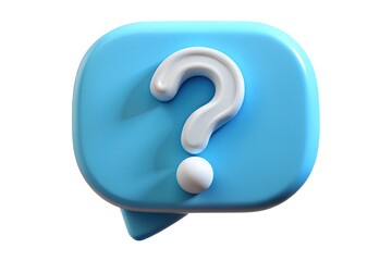 A bright blue 3D speech bubble icon displaying a white question mark, perfect for help desks or frequently asked questions in user interfaces.