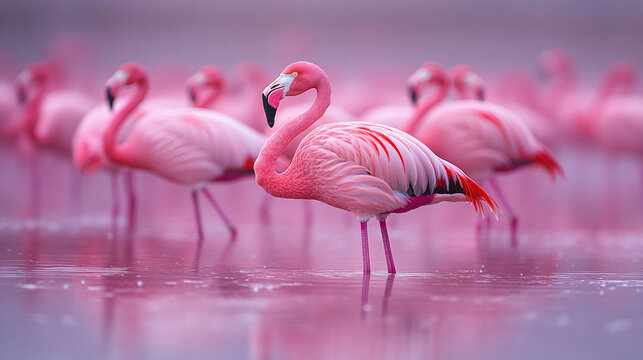 group of vibrant pink flamingos stands gracefully in shallow water, their reflections shimmering on surface. scene captures elegance and beauty of these birds in their natural habitat