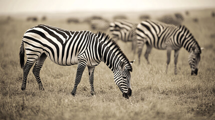 Fototapeta premium detailed close up photograph of group of zebras grazing in grassy savanna, showcasing their distinctive black and white stripes in natural habitat