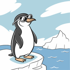 Cool Penguin on Iceberg: Cartoon Illustration, Sunglasses, Antarctic.