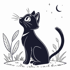 Black Kitten Moon Gazing: Elegant Silhouette Illustration, Night Scene.