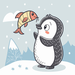 Cute Penguin & Fish Illustration -  Children's Book Design - Pastel Colors - Snowy Scene.