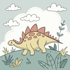 Cute Stegosaurus Illustration: Pastel Cartoon Dinosaur in Whimsical Landscape.