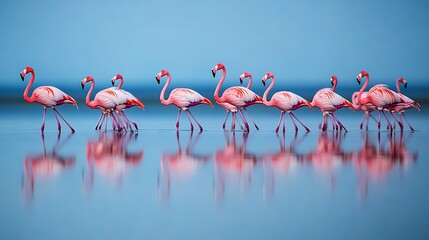 A flock of flamingos wading in a shallow lagoon © ayesha
