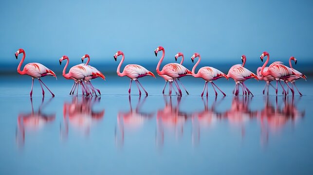 A flock of flamingos wading in a shallow lagoon