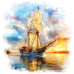 Fototapeta premium Majestic Sailing Ship at Sunset A Watercolor Painting of a Classic Tall Ship on Calm Waters.