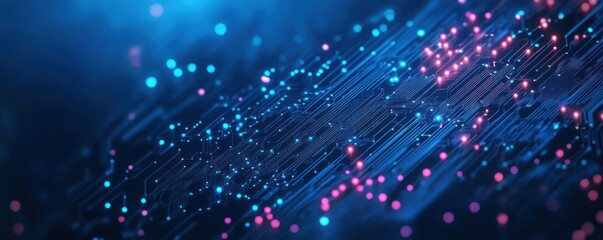 Obraz premium Futuristic Digital Circuit Board Design Horizontal Banner with Technology Texture and Quantum Computing Concepts