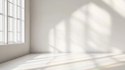Obraz premium Sunlit empty room with large windows and soft light reflections on white walls