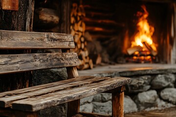 Fototapeta premium Rustic Wooden Bench by a Cozy Fireplace