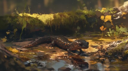 Obraz premium A salamander crawling along the damp forest floor.