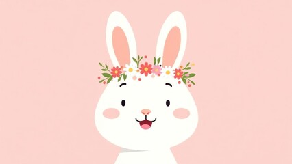 Easter bunny greeting card. Easter bunny with a wreath on his head on a pink background. Banner
