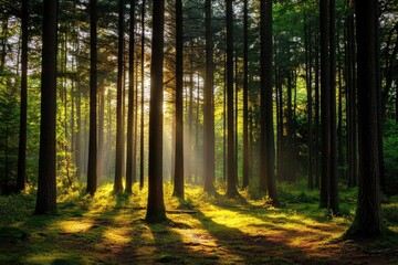 Obraz premium Sunlight Filters Through Tall Trees in a Serene Forest Illuminating Lush Greenery