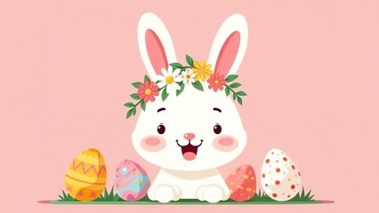 Easter bunny greeting card. Easter bunny with a wreath on his head on a pink background. Banner