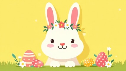 Easter bunny greeting card. Easter bunny with a wreath on his head on a yellow background. Banner
