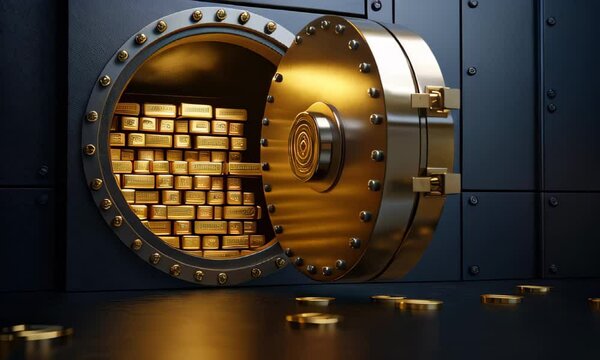 Slow motion video of a Bank vault with gold bars. Open safe filled with gold, financial security, wealth storage, banking, investment, economic protection, luxury, prosperity