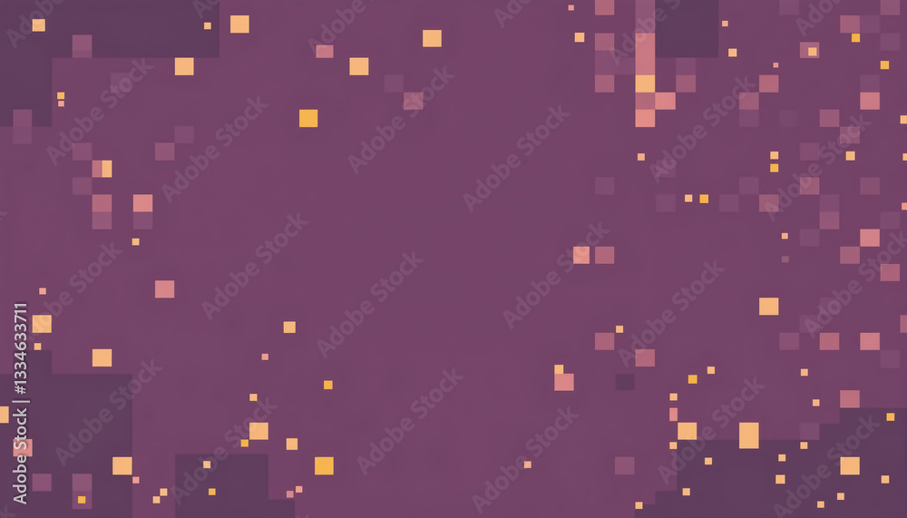 Poster abstract pixel art with various sized orange squares floating across background of purple hues
