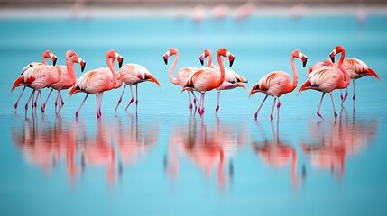 Naklejka premium A flock of flamingos wading in a shallow lagoon