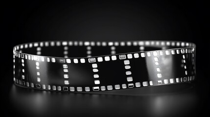 Obraz premium Shiny film strip curves in a loop, isolated against a black background
