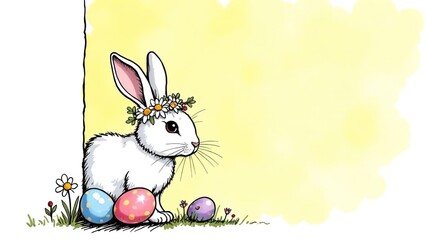 Easter bunny greeting card. Easter bunny with a wreath on his head on a yellow background. Banner akvarel