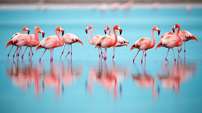 A flock of flamingos wading in a shallow lagoon