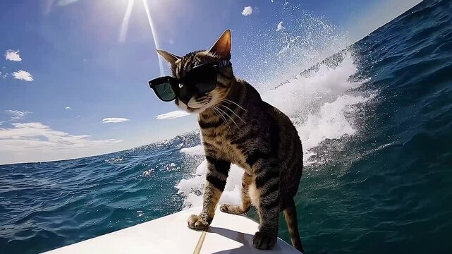 A cat with glasses is surfing in the sea.
