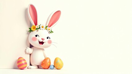 Easter bunny greeting card. Easter bunny with a wreath on his head on a yellow background. Banner