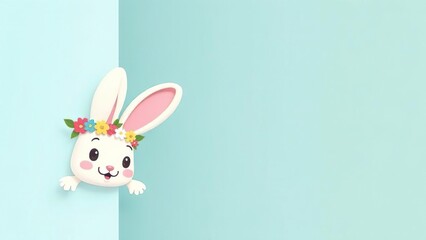 Easter bunny greeting card. Easter bunny with a wreath on his head on a blue background.  Banner