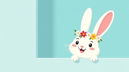Easter bunny greeting card. Easter bunny with a wreath on his head on a blue background