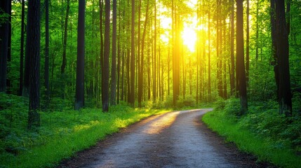 Obraz premium A serene forest path bathed in sunlight, surrounded by lush greenery, inviting tranquility and nature exploration.