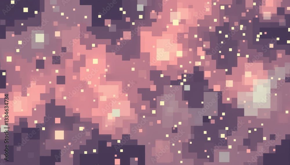 Poster Pixelated abstract artwork featuring blend of pinks and purples with scattered dots of light