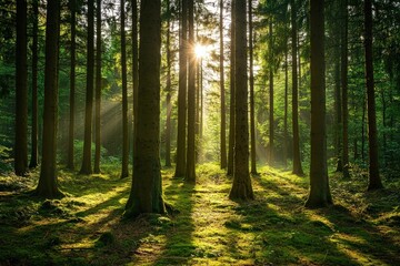 Fototapeta premium Sunlight Filters Through Tall Trees in a Serene Forest Illuminating Lush Greenery