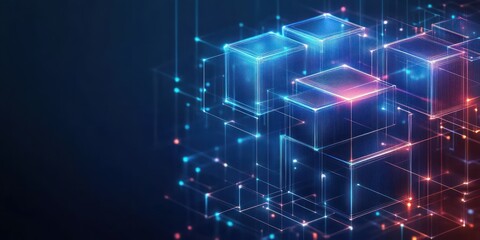 Futuristic Abstract Geometric Pattern with Glowing Lines and Cubes on Dark Background