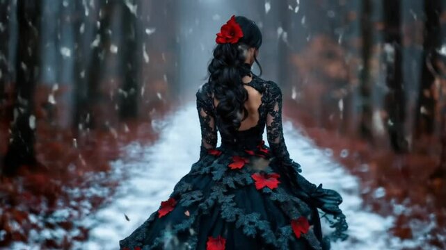 woman in a long ball dress, gown walking in the winter forest on a snow covered path