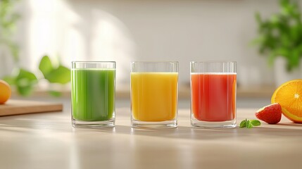 Fototapeta premium Refreshing trio of green, orange, and red juices in sunlit kitchen setting
