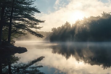 Fototapeta premium Morning Tranquility at a Misty Lake Reflecting Surrounding Trees and Soft Sunlight in a Peaceful Landscape Setting