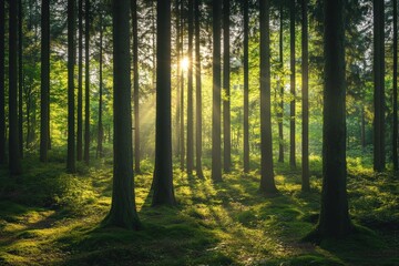 Fototapeta premium Sunlight Filters Through Tall Trees in a Serene Forest Illuminating Lush Greenery