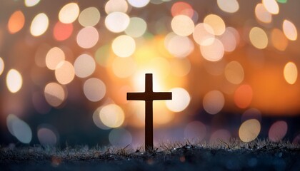 A calm, serene background featuring light bokeh effects with a cross at the center, creating a peaceful and uplifting atmosphere, perfect for religious reflections and Easter themes
