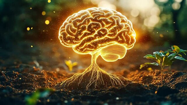 Brain Root: A luminous human brain grows out of the ground with roots, symbolizing intelligence and growth in a natural setting.