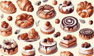  Modern vector-style illustration of various pastries and desserts, including croissants, cakes, tarts, and other baked goods, easily editable.