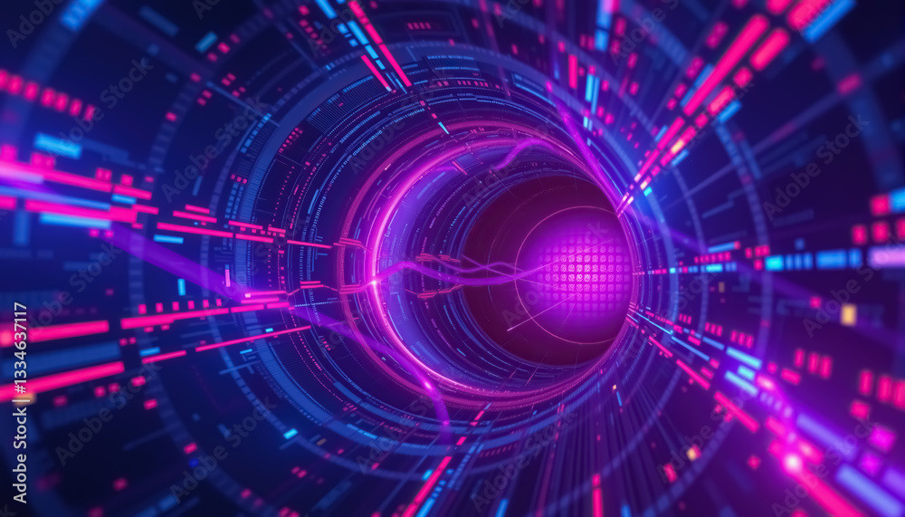 Poster abstract art rendering futuristic tunnel made with blue red and violet light